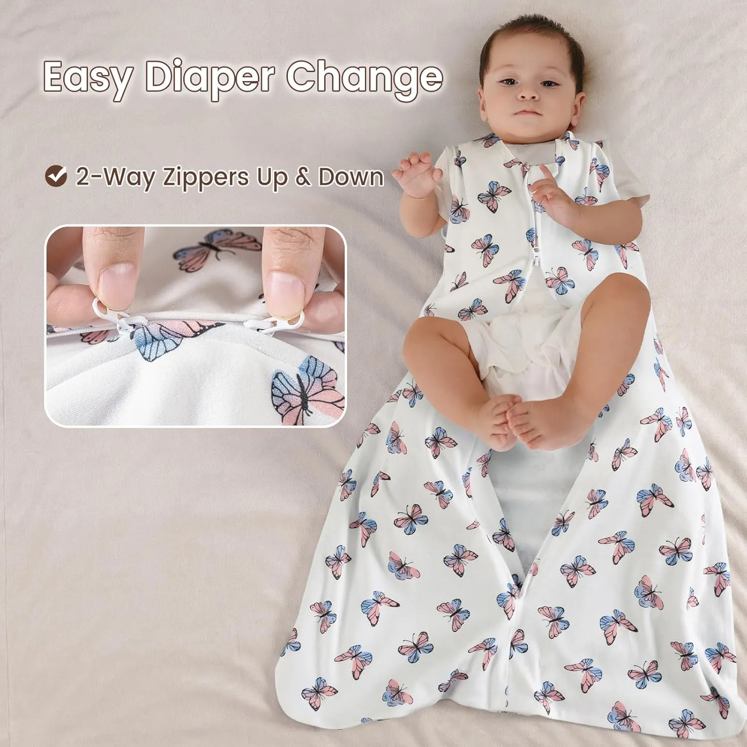 david's kids 100% Cotton Baby Sleep Sack 12-18 Months, Ultra Soft Baby Wearable Blankets with 2-Way Zipper, 2 Pack Comfy Toddler Sleeping Bags for Boys Girls Neutral, Large Size, Butterfly