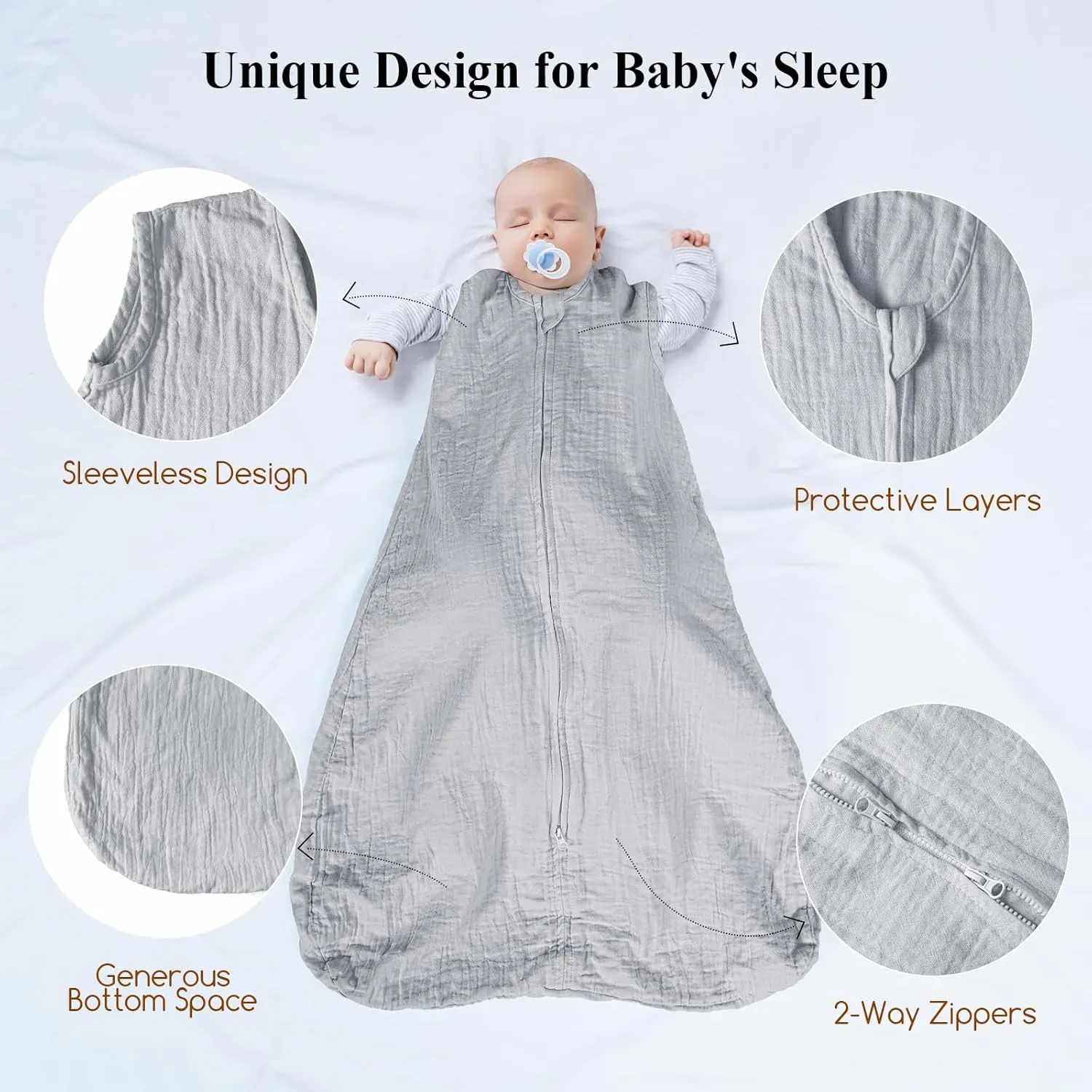 david's kids Muslin Cotton Baby Sleep Sack 12-18 Months, 2 Pack 100% Cotton Sleeping Bag for Summer,TOG 0.5 Baby Wearable Blankets with 2-Way Zipper, Soft Sleep Sacks for Newborn Infant, White & Grey