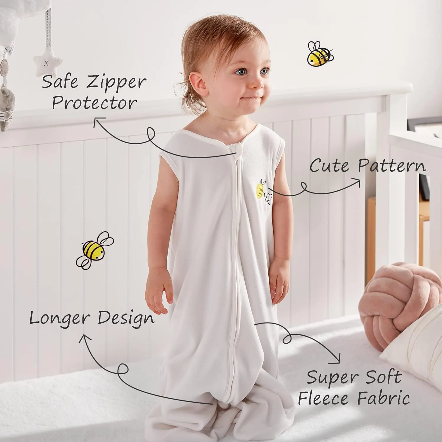 DaysU Micro Fleece Sleep Sack 6-12 Months, 1.0 TOG Sleeveless Wearable Blanket With 2-Way Zipper, Baby Sleeping Bag Unisex, 1 Pack, Off-White Bee
