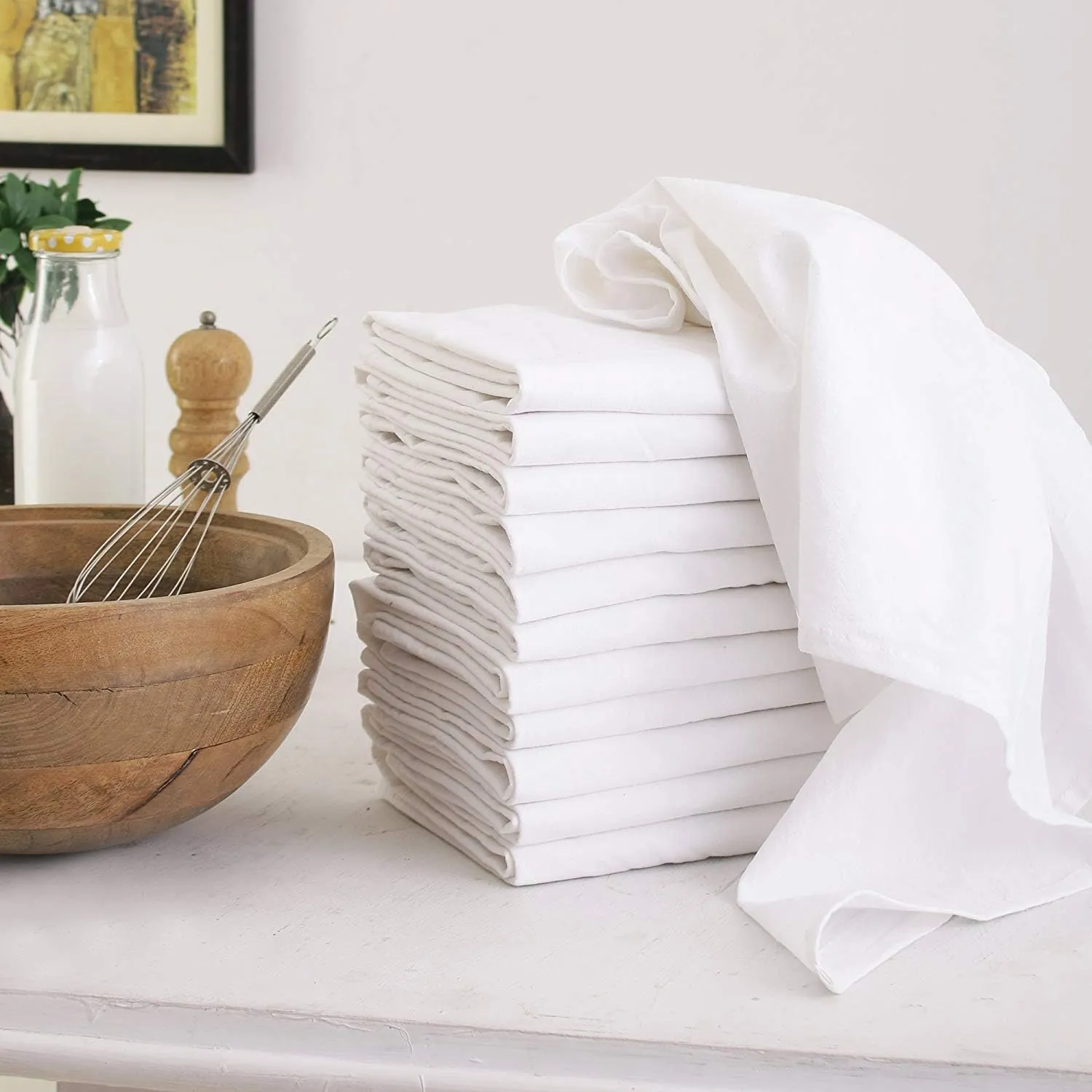 DG Collections Flour Sack Dish Towels for Kitchen, Set of 12 (27 x 27 Inches), Multi-use White Kitchen Towels, 100% Cotton, Highly Absorbent Hand Towels, Tea Towels for Embroidery, and Print - White
