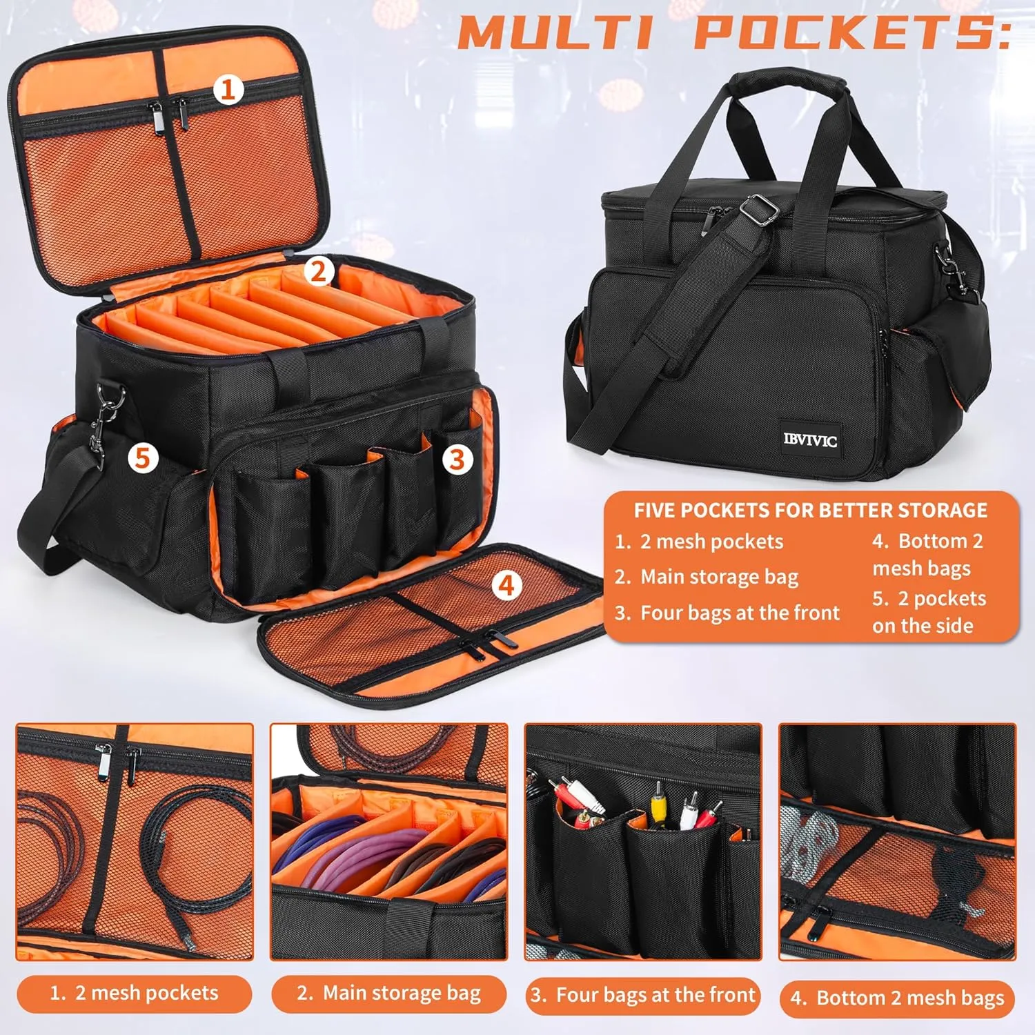 DJ Cable File Bag with 6 Detachable Dividers High Capacity Gig Cable Bag for Cords,DJ Gear,Sound Instrument and Accessories