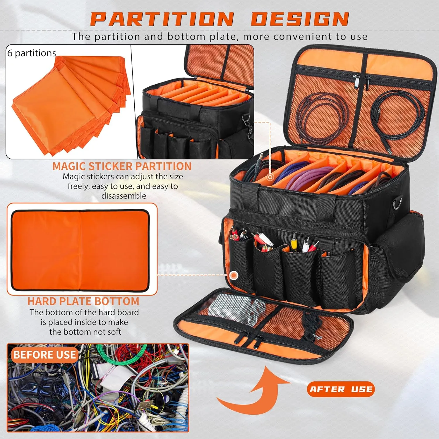 DJ Cable File Bag with 6 Detachable Dividers High Capacity Gig Cable Bag for Cords,DJ Gear,Sound Instrument and Accessories