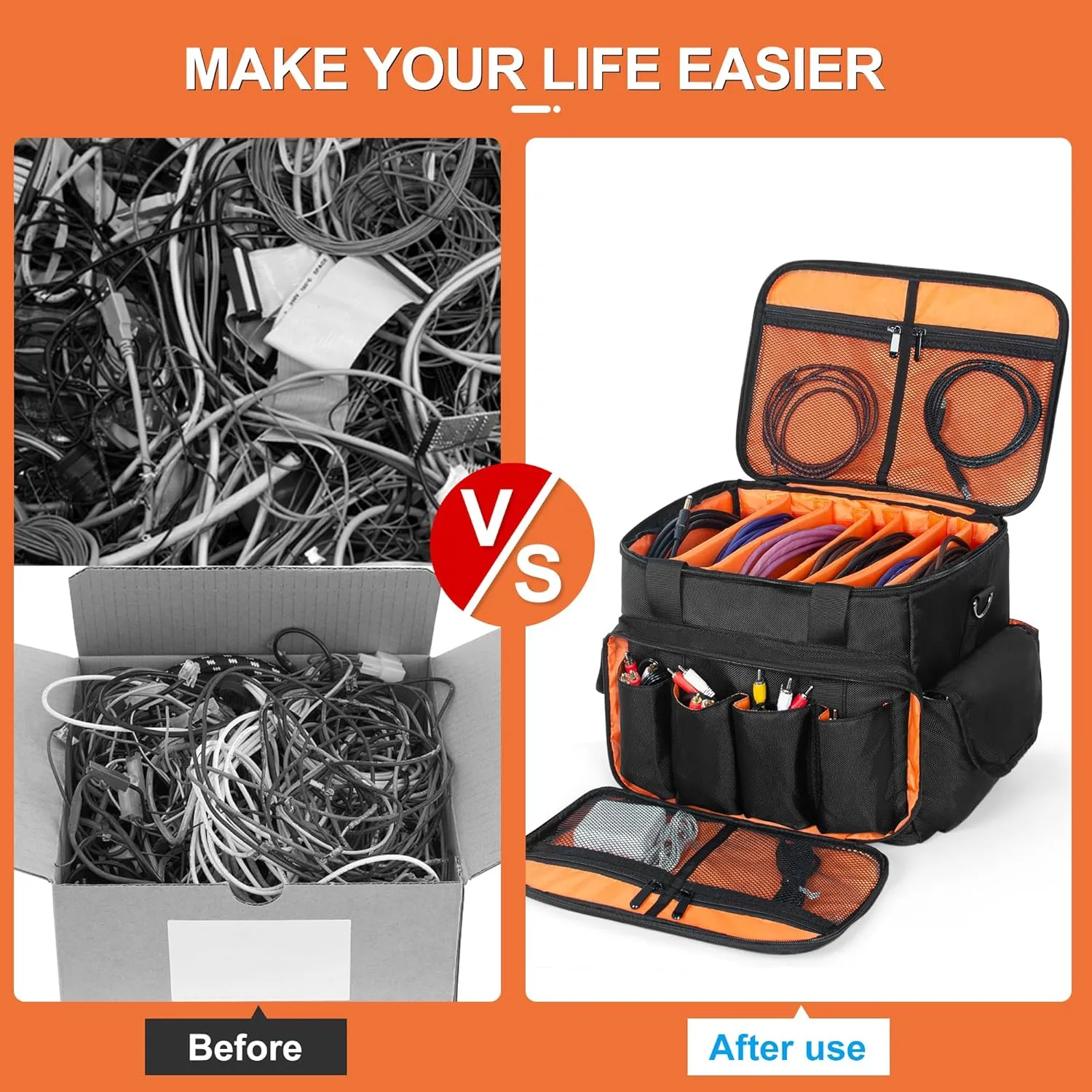 DJ Cable File Bag with 6 Detachable Dividers High Capacity Gig Cable Bag for Cords,DJ Gear,Sound Instrument and Accessories