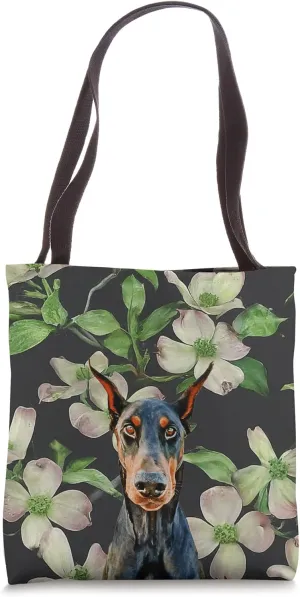 Doberman White Dogwood Tree Vintage Flower Pattern Tote Bag