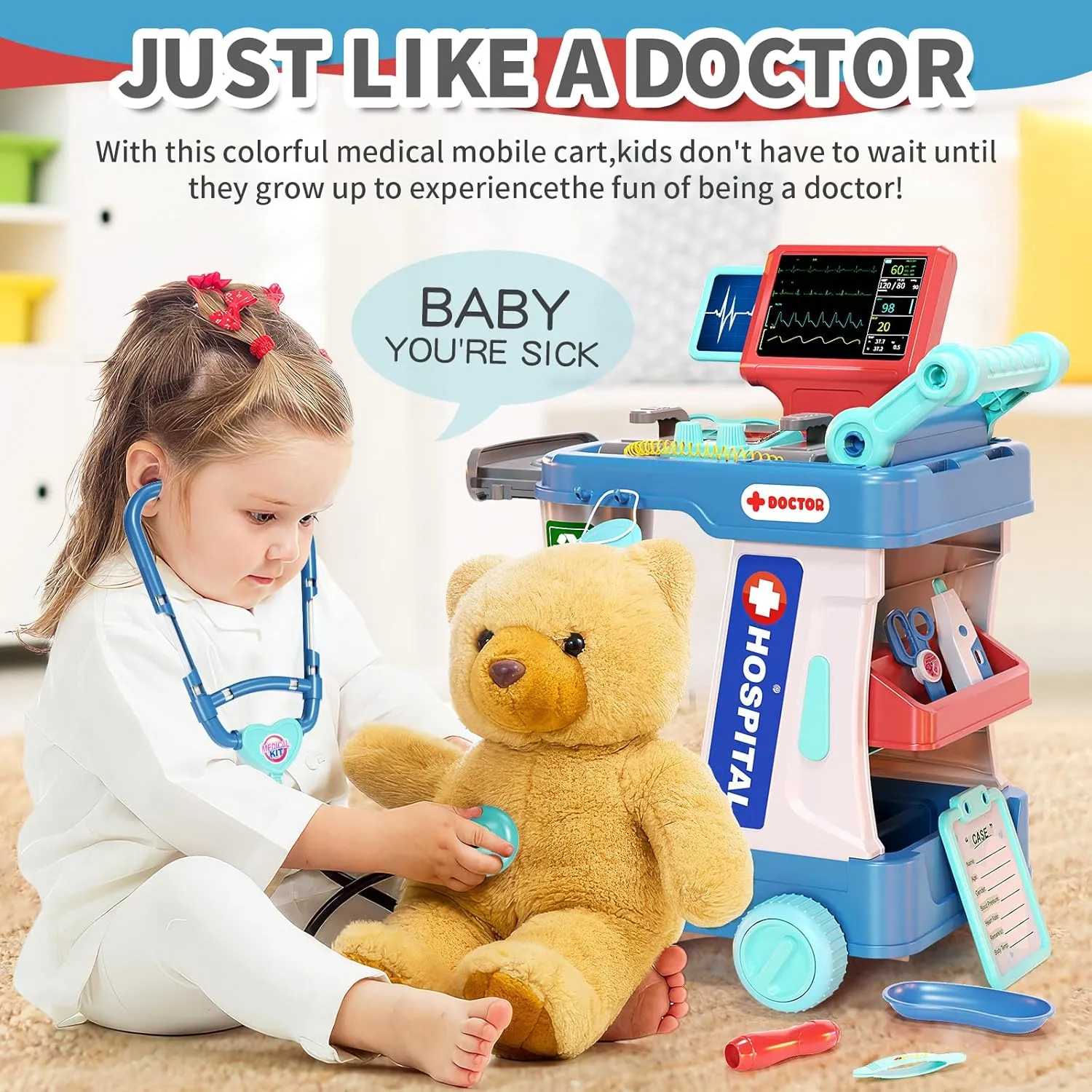 Doctor Kit for Kids, Pretend Doctor Playset for Toddlers with Cart, Costume and Stethoscope, Role Play Medical Toy for Girls Boys Toddlers 3-8 Birthday Gifts