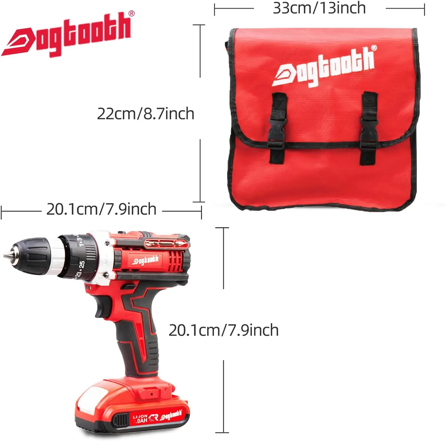 DOGTOOTH 21V MAX Cordless Drill, 2 * 2.0 Ah Batteries, Compatible with Makita 18V Battery, 2 Speed Functions Max 1350 RPM, Build-in LED, 43 Bits, Charger, Tool Bag - Red