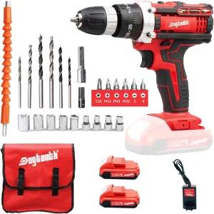 DOGTOOTH 21V MAX Cordless Drill, 2 * 2.0 Ah Batteries, Compatible with Makita 18V Battery, 2 Speed Functions Max 1350 RPM, Build-in LED, 43 Bits, Charger, Tool Bag - Red