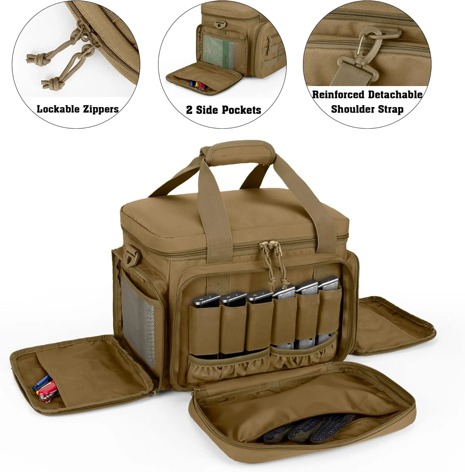 DSLEAF Tactical Gun Range Bag for 4 Handguns, Pistol Shooting Range Bag with 6X Magazine Slots and Extra Pockets for Ammo and Essentials