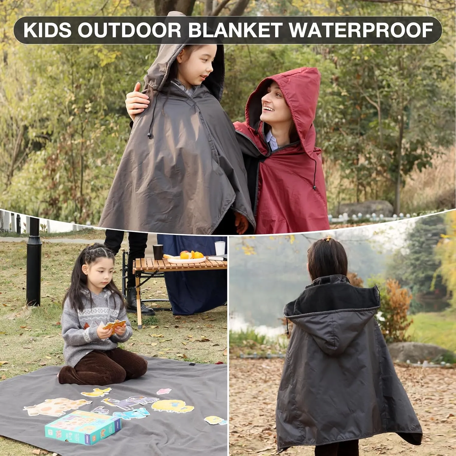 DUKUSEEK Hooded Stadium Blanket for Kids, Small Waterproof Outdoor Blankets with Fleece Linner, Kids Outdoor Wearable Blanket for Sporting Events, Camping, Picnic, Games, Stadium, 56x28