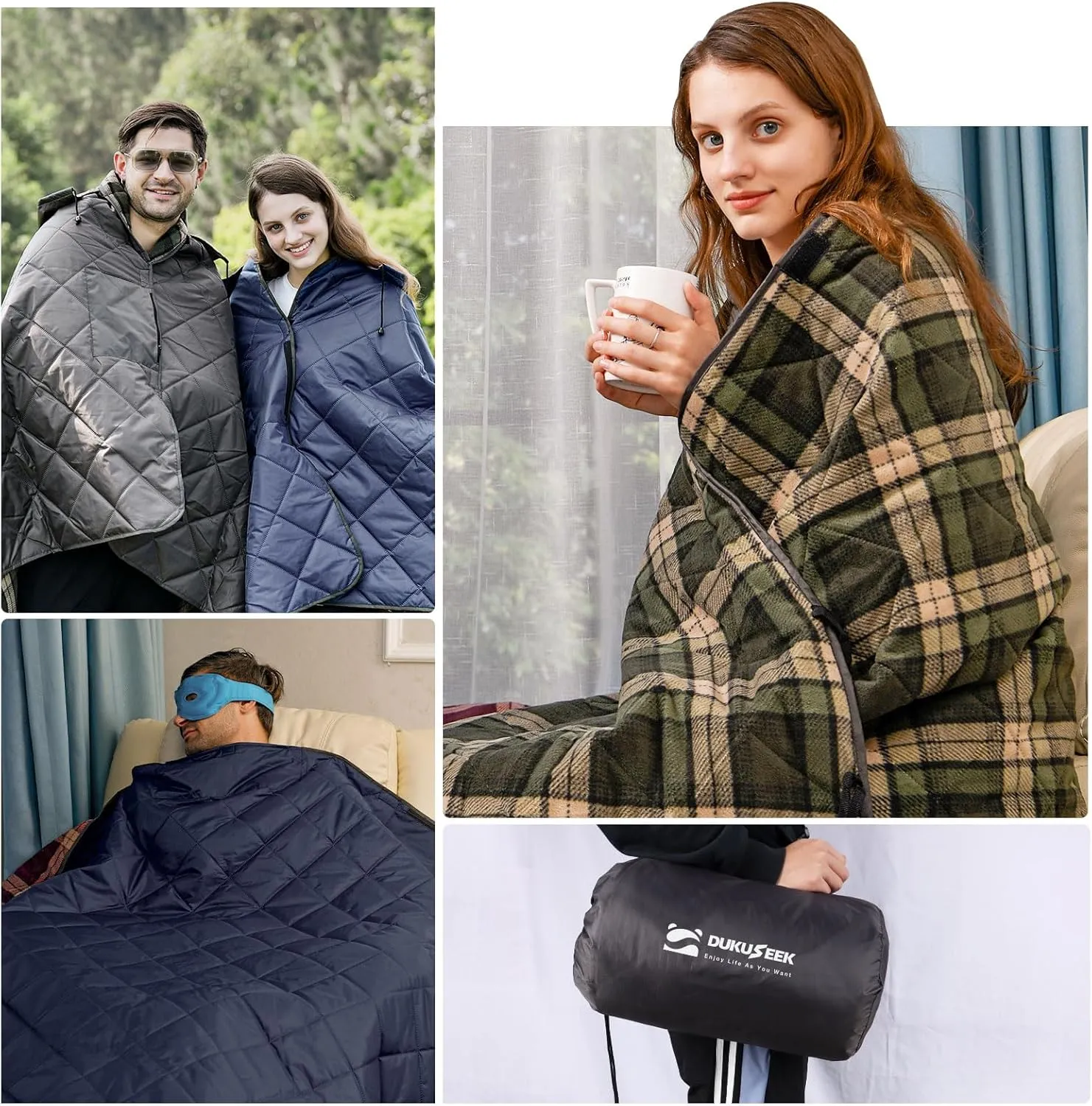DUKUSEEK Large Camping Blanket - Waterproof, Quilted, Extra Thick Fleece, Warm, Windproof, Wearable, Includes Foldable Hood and Stuff Sack for Car, Outdoor Sports, Picnics, Stadiums, Dogs…