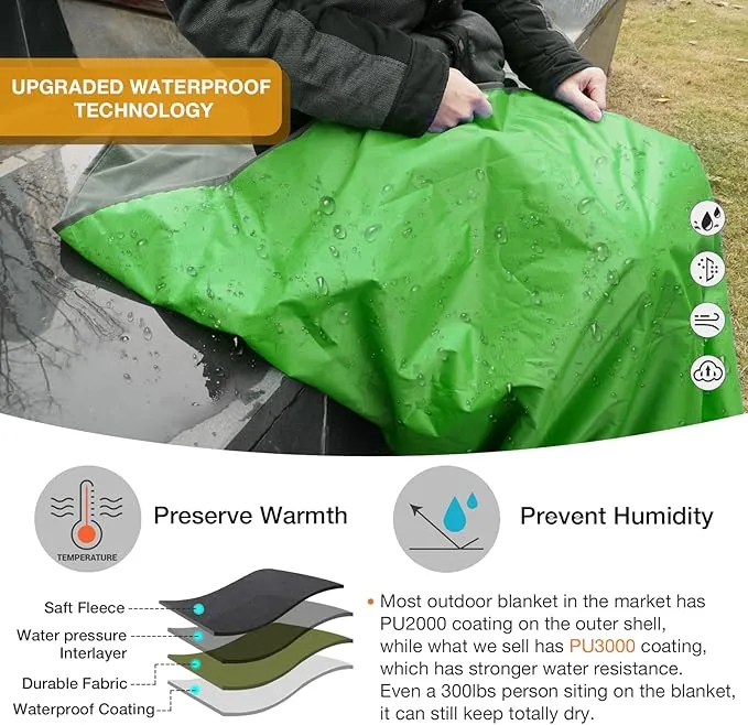 DUKUSEEK Outdoor Waterproof Blanket, Waterproof Windproof Outdoor Fleece Blanket - Large (79"x 59"), Portable, Wearable, Warm for Outdoor Camping, Picnic, Stadium, Sports, Beach, Concerts, Car, Dogs