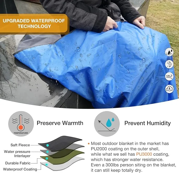 DUKUSEEK Outdoor Waterproof Stadium Blanket, XL Large (79"x 59") Hooded Stadium Blankets with Fleece,Portable,Warm Outside Blankets for Cold Weather, Camping, Sports, Beach, Football, Festivals
