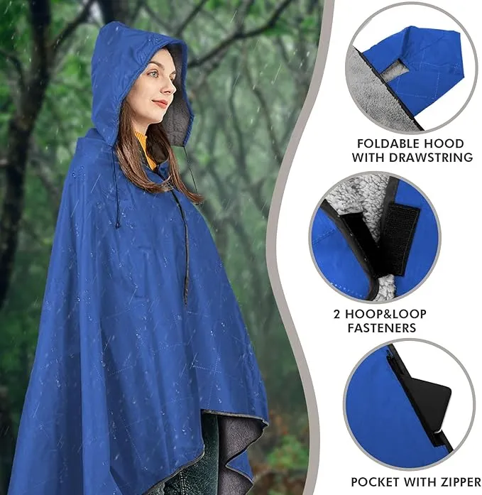 DUKUSEEK Sherpa Waterproof Outdoor Blanket, Large Sherpa Hooded Stadium Blankets for Cold Weather, Portable Wearable Camping Blankets for Concerts, Grass, Car, Boat, Pets, Sporting Events，79x59
