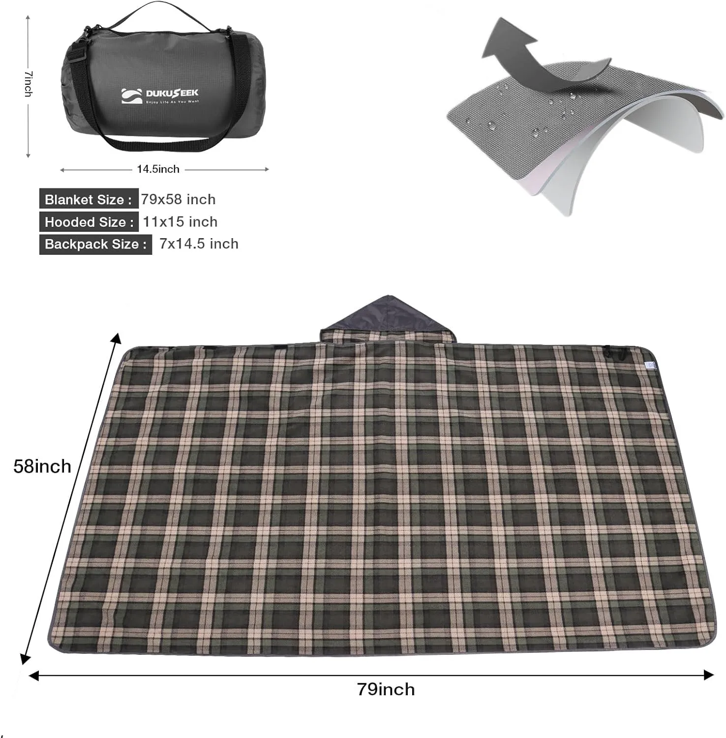 DUKUSEEK Stadium Blanket for Outdoor Sports, Waterproof Hooded Blankets, Windproof Warm Fleece Blankets for Camping Stadium, Beach, Picnic, Concerts, Car, Dog, 79x58