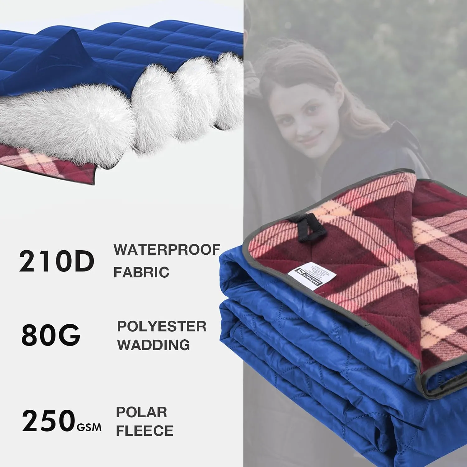 DUKUSEEK Waterproof Camping Blanket with Thick Fleece, Large Outdoor Blanket Windproof with Foldable Hood for Camping Stadium Sporting Events,79"x 58"…