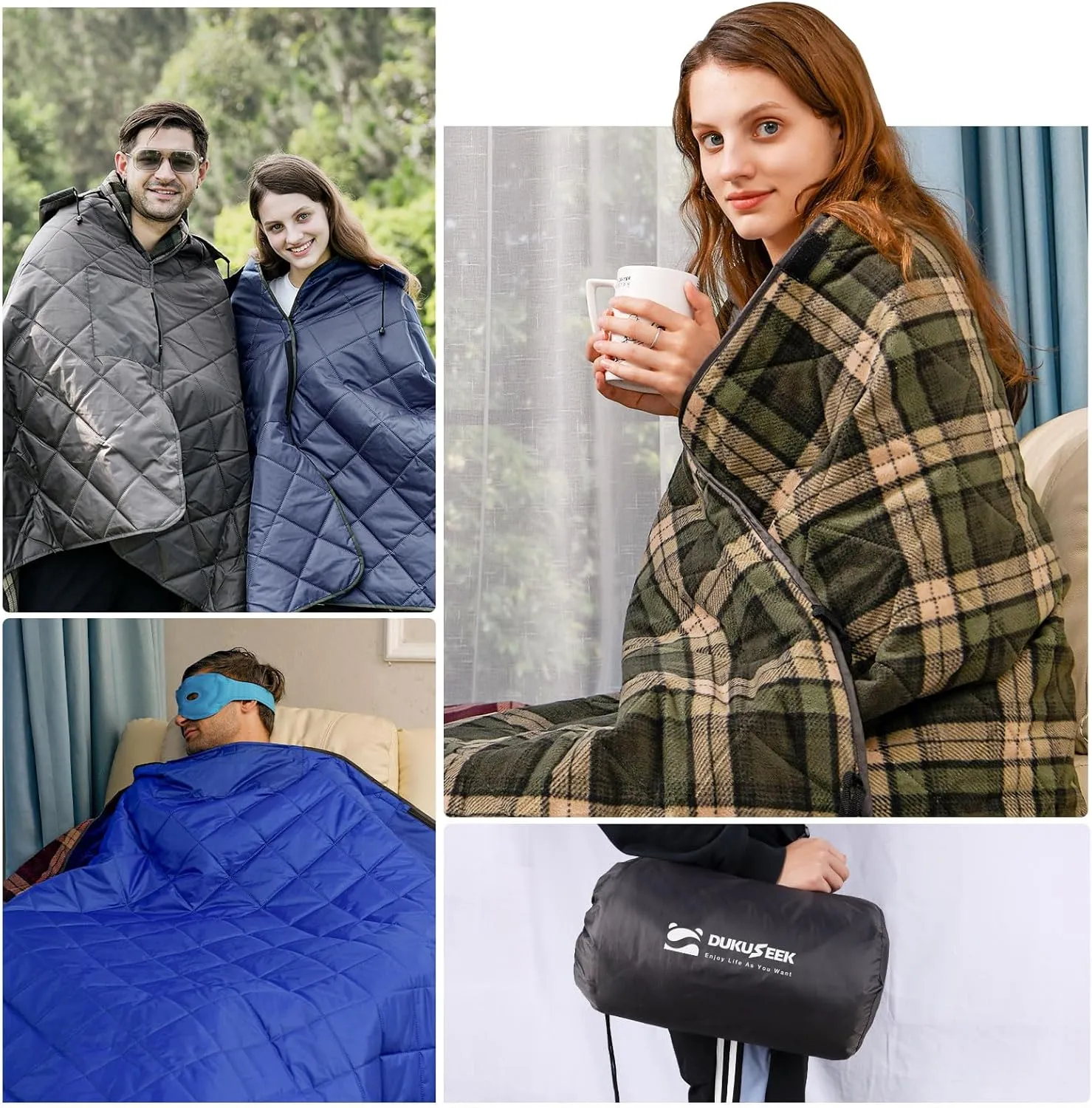DUKUSEEK Waterproof Camping Blanket with Thick Fleece, Large Outdoor Blanket Windproof with Foldable Hood for Camping Stadium Sporting Events,79"x 58"…