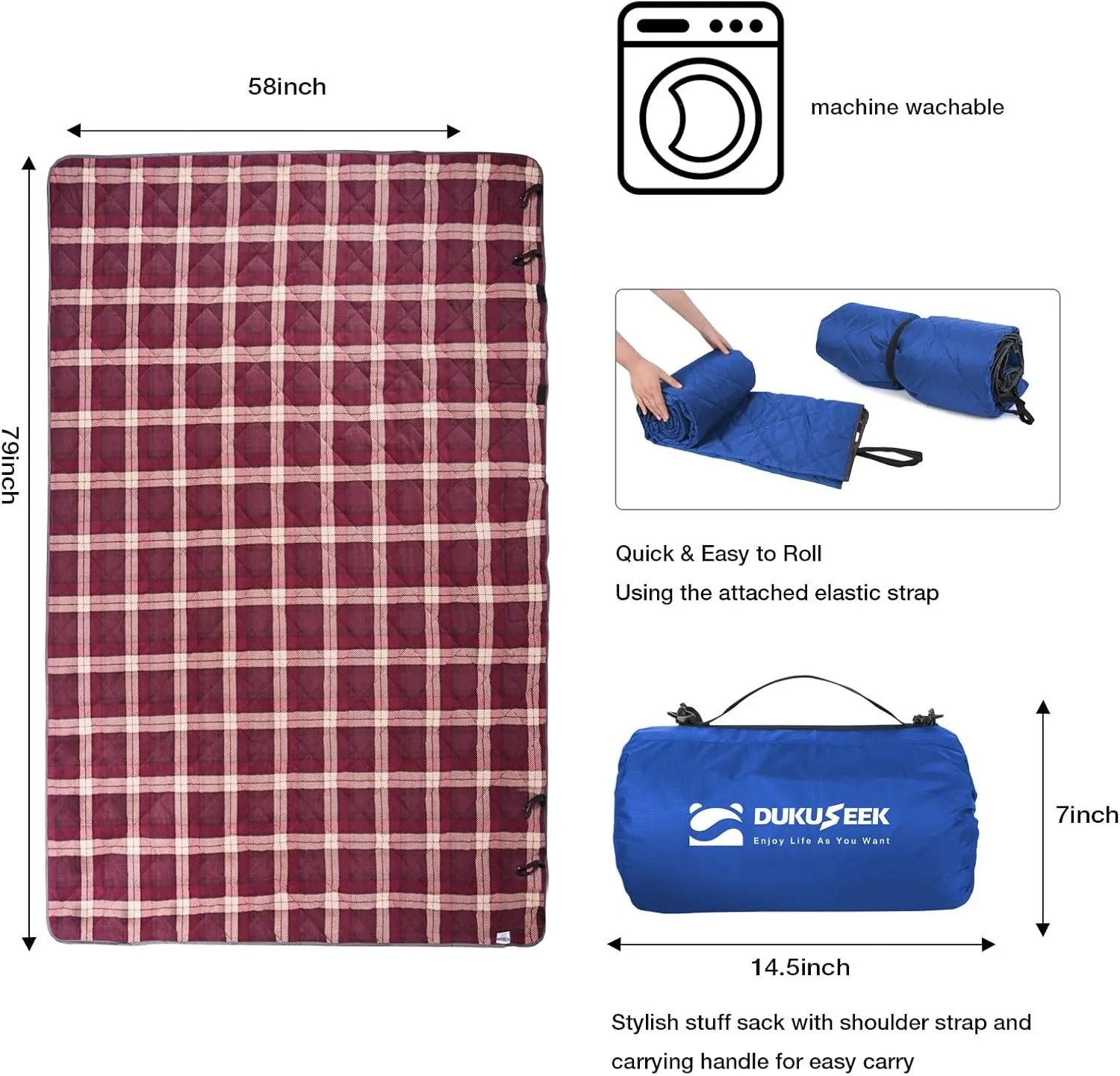 DUKUSEEK Waterproof Camping Blanket with Thick Fleece, Large Outdoor Blanket Windproof with Foldable Hood for Camping Stadium Sporting Events,79"x 58"…