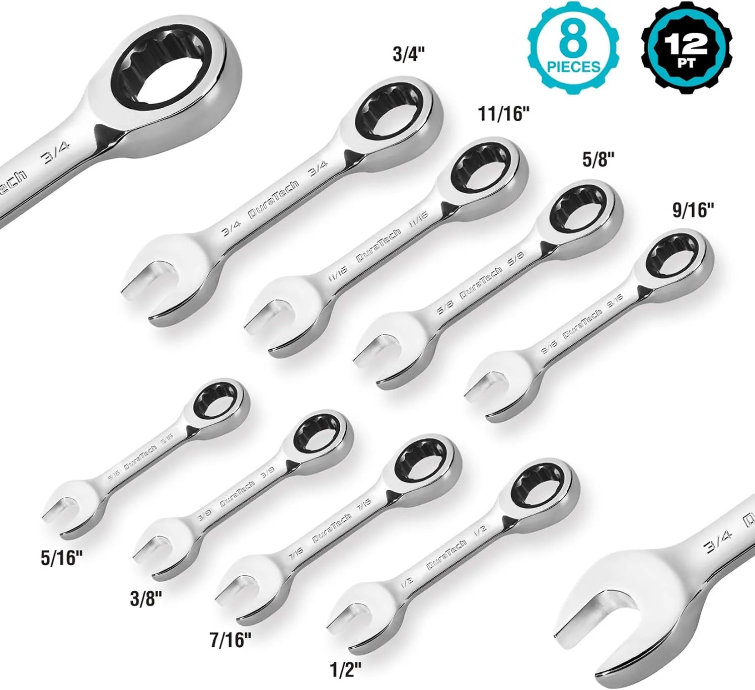 DURATECH Stubby Ratcheting Combination Wrench Set, SAE, 8-Piece, 5/16'' to 3/4'', CR-V Steel, with Rolling Pouch