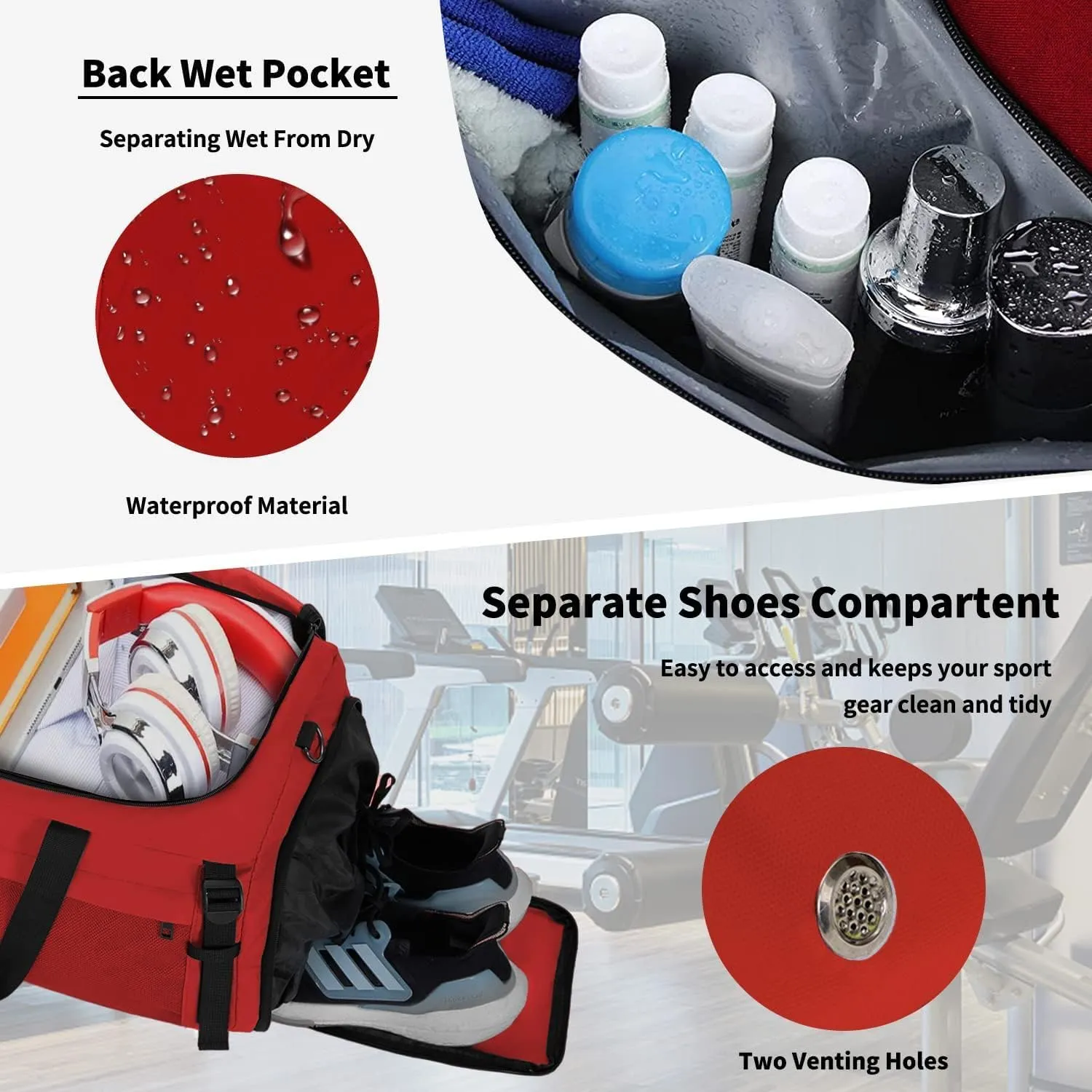 Eackrola Extra Large Sports Gym Bag, Travel Duffel bag with Wet Pocket & Shoes Compartment for men women, 85L, Lightweight （Red）