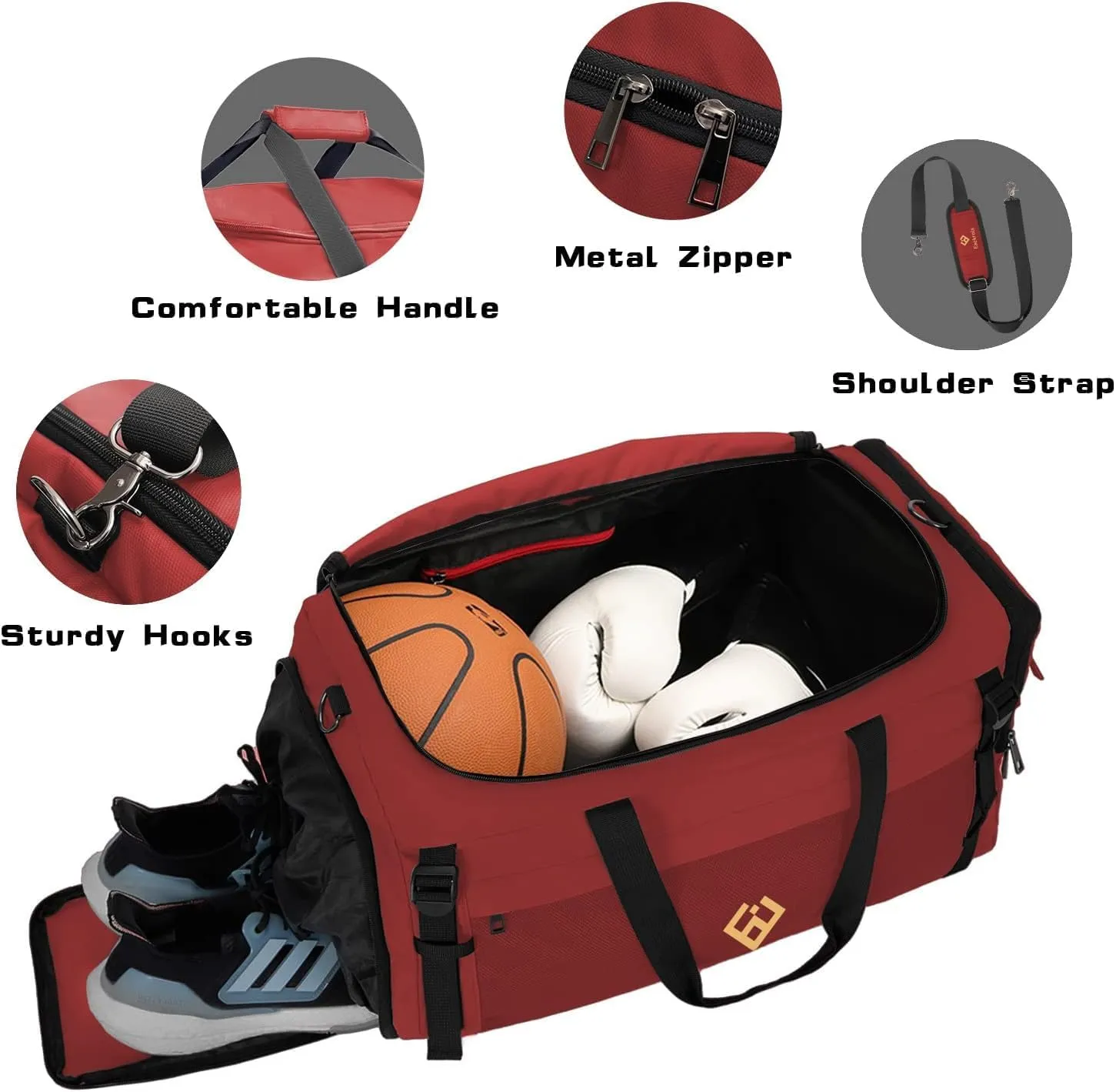 Eackrola Extra Large Sports Gym Bag, Travel Duffel bag with Wet Pocket & Shoes Compartment for men women, 85L, Lightweight （Red）