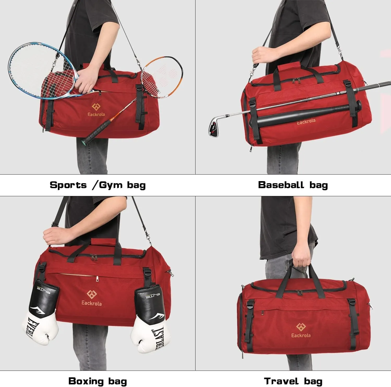 Eackrola Extra Large Sports Gym Bag, Travel Duffel bag with Wet Pocket & Shoes Compartment for men women, 85L, Lightweight （Red）