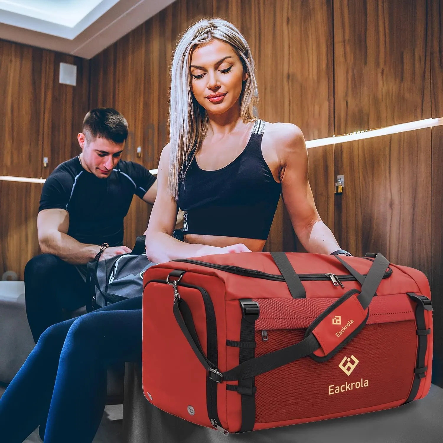 Eackrola Extra Large Sports Gym Bag, Travel Duffel bag with Wet Pocket & Shoes Compartment for men women, 85L, Lightweight （Red）
