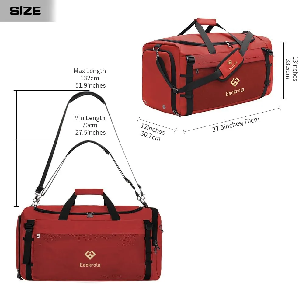 Eackrola Extra Large Sports Gym Bag, Travel Duffel bag with Wet Pocket & Shoes Compartment for men women, 85L, Lightweight （Red）