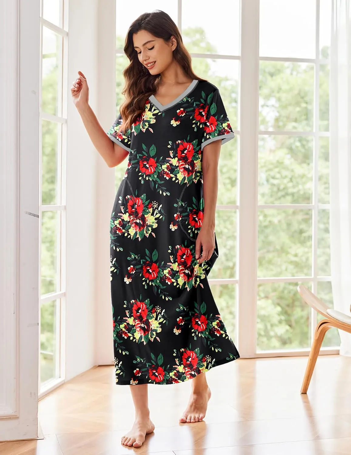Ekouaer Women's Full Length Short Sleeve Nightgown