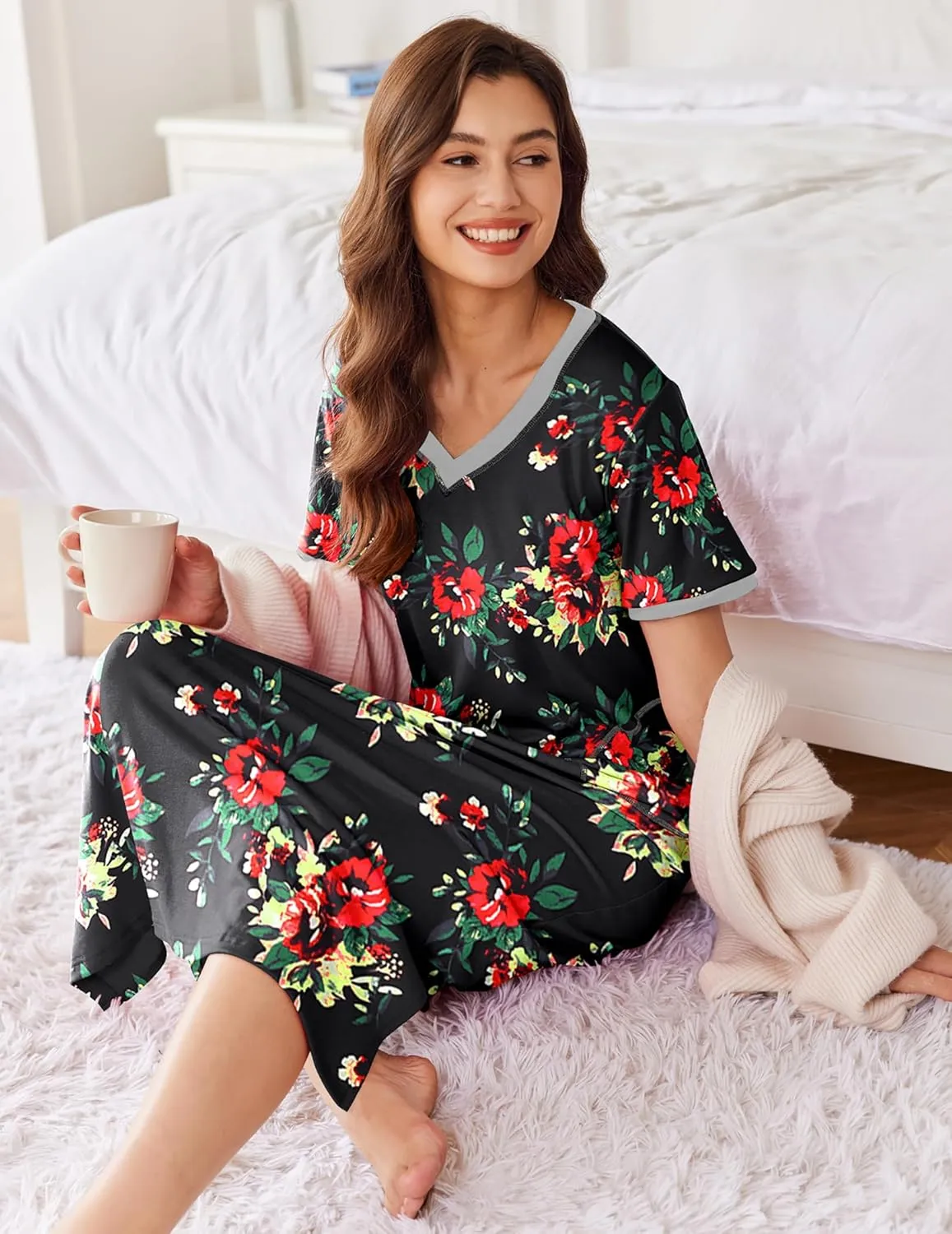 Ekouaer Women's Full Length Short Sleeve Nightgown