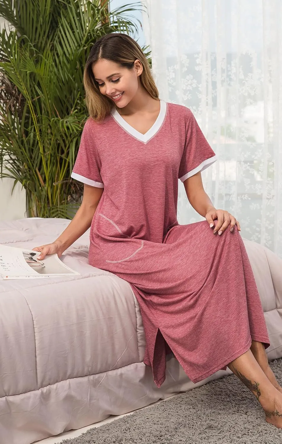 Ekouaer Women's Full Length Short Sleeve Nightgown