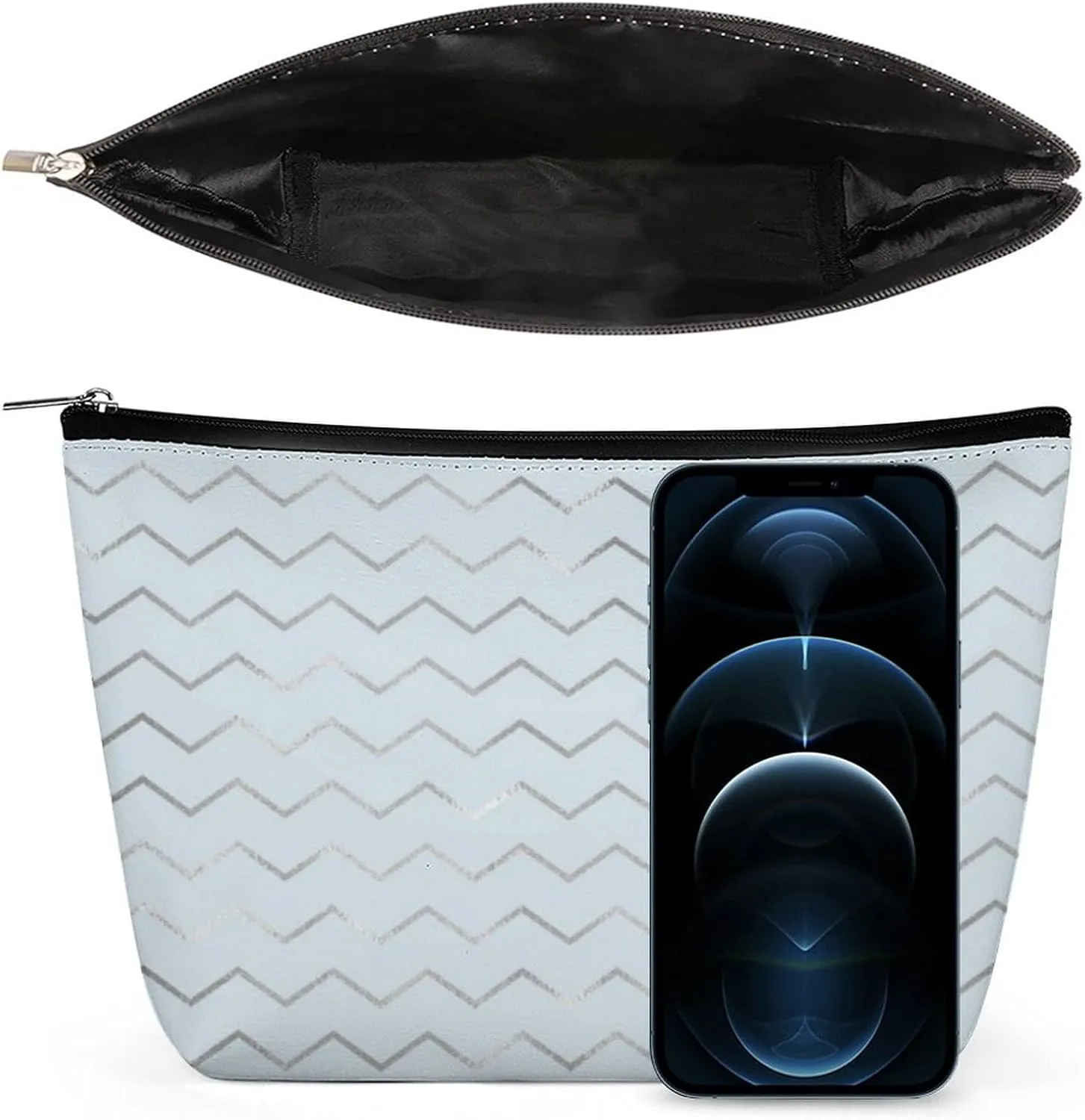 Elegant Makeup Bag, Chevron Stripes Lines Gray Metallic Blue Pastel Cosmetic Bag Large Capacity Pouch Portable Organizer for Men & Women