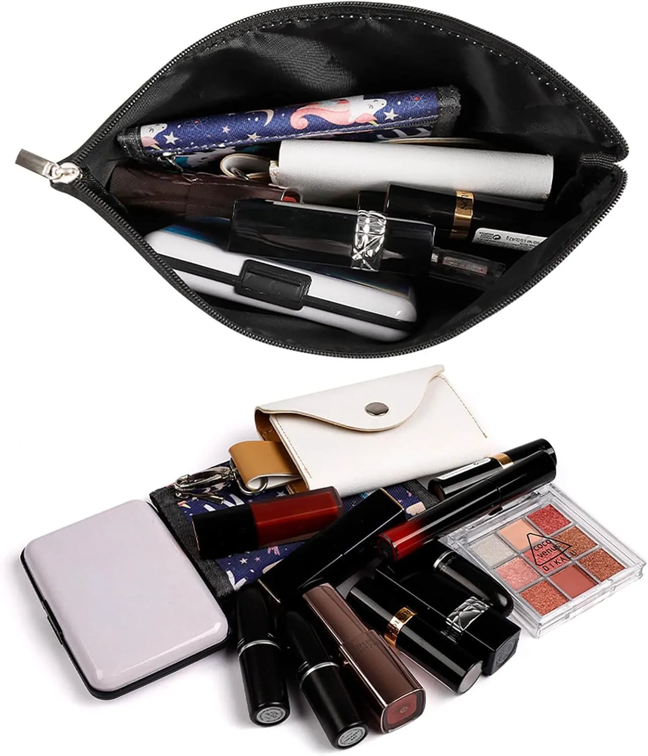 Elegant Makeup Bag, Chevron Stripes Lines Gray Metallic Blue Pastel Cosmetic Bag Large Capacity Pouch Portable Organizer for Men & Women