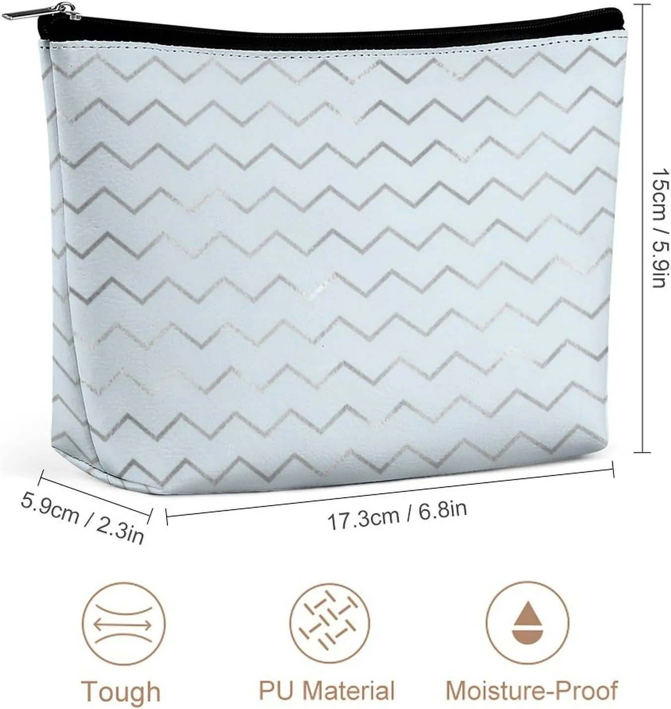 Elegant Makeup Bag, Chevron Stripes Lines Gray Metallic Blue Pastel Cosmetic Bag Large Capacity Pouch Portable Organizer for Men & Women