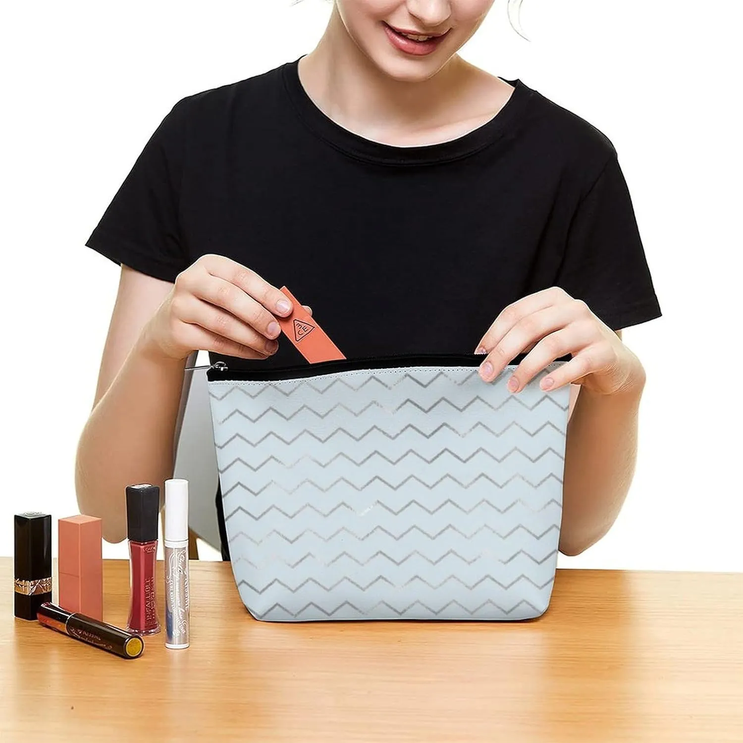 Elegant Makeup Bag, Chevron Stripes Lines Gray Metallic Blue Pastel Cosmetic Bag Large Capacity Pouch Portable Organizer for Men & Women