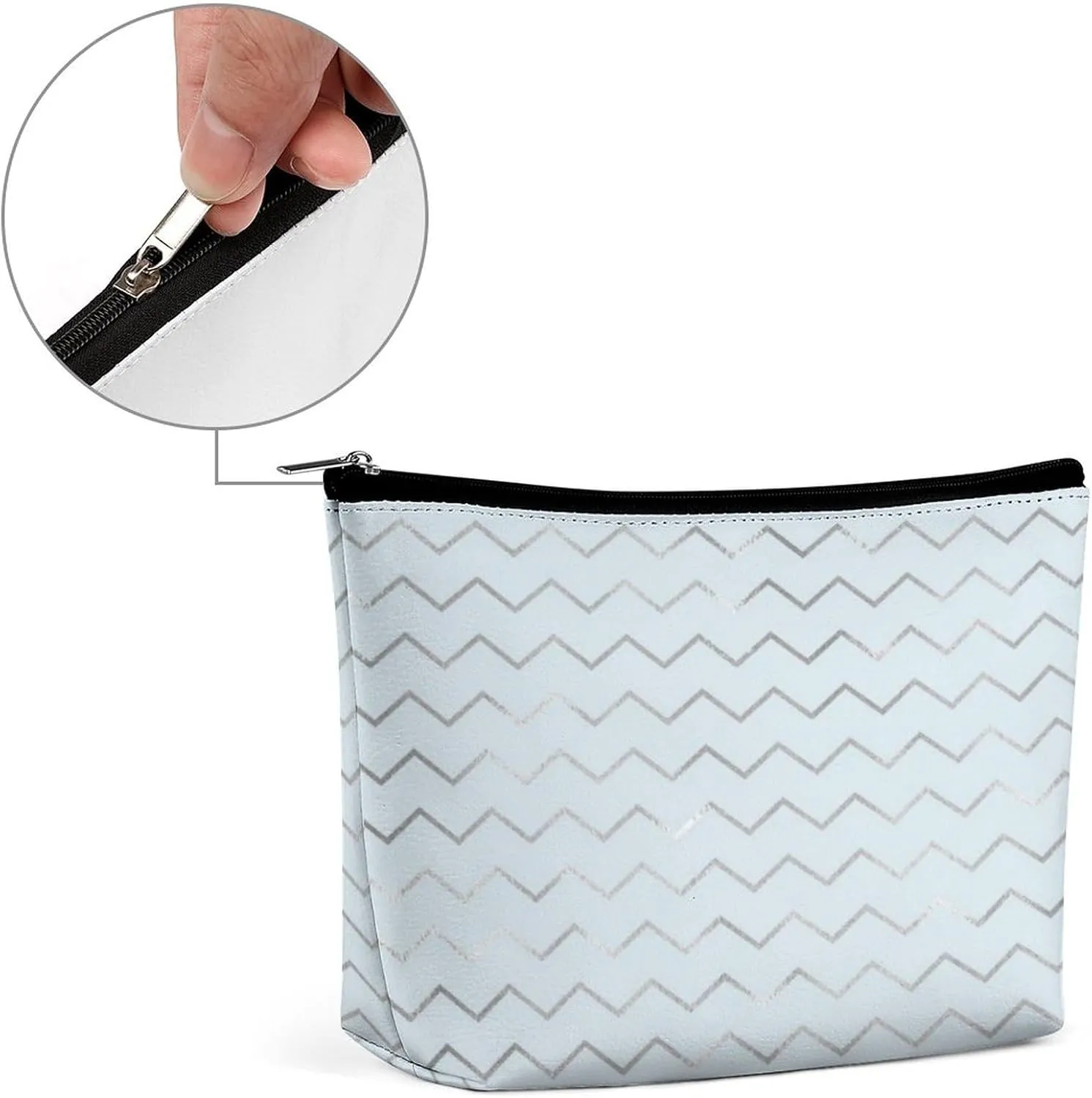 Elegant Makeup Bag, Chevron Stripes Lines Gray Metallic Blue Pastel Cosmetic Bag Large Capacity Pouch Portable Organizer for Men & Women