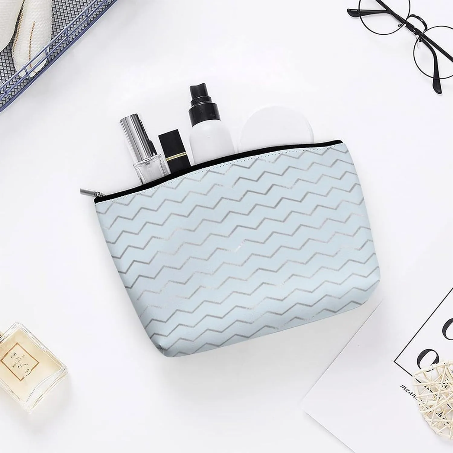 Elegant Makeup Bag, Chevron Stripes Lines Gray Metallic Blue Pastel Cosmetic Bag Large Capacity Pouch Portable Organizer for Men & Women