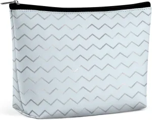 Elegant Makeup Bag, Chevron Stripes Lines Gray Metallic Blue Pastel Cosmetic Bag Large Capacity Pouch Portable Organizer for Men & Women
