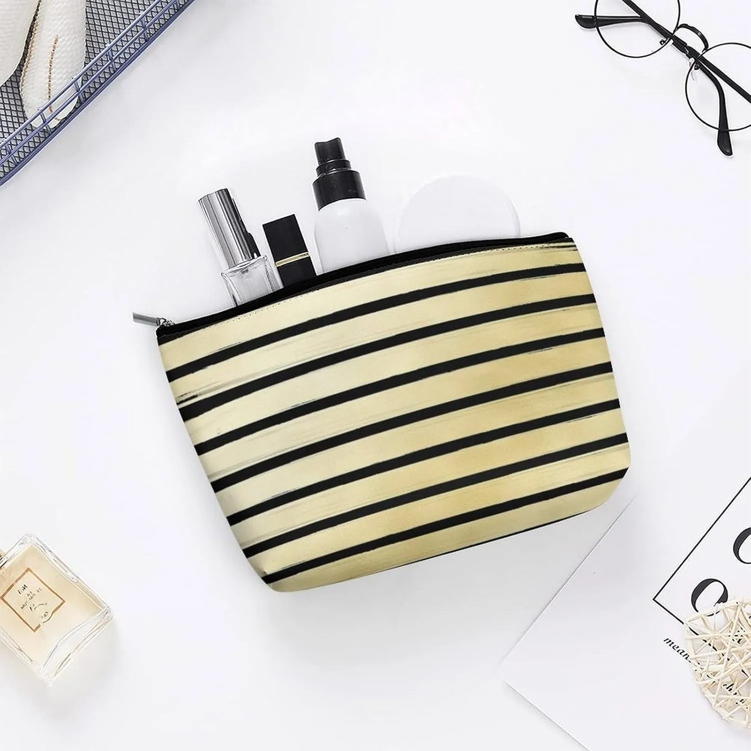 Elegant Makeup Bag, Elegant Black Gold Striped Cosmetic Bag Large Capacity Pouch Portable Organizer for Men & Women