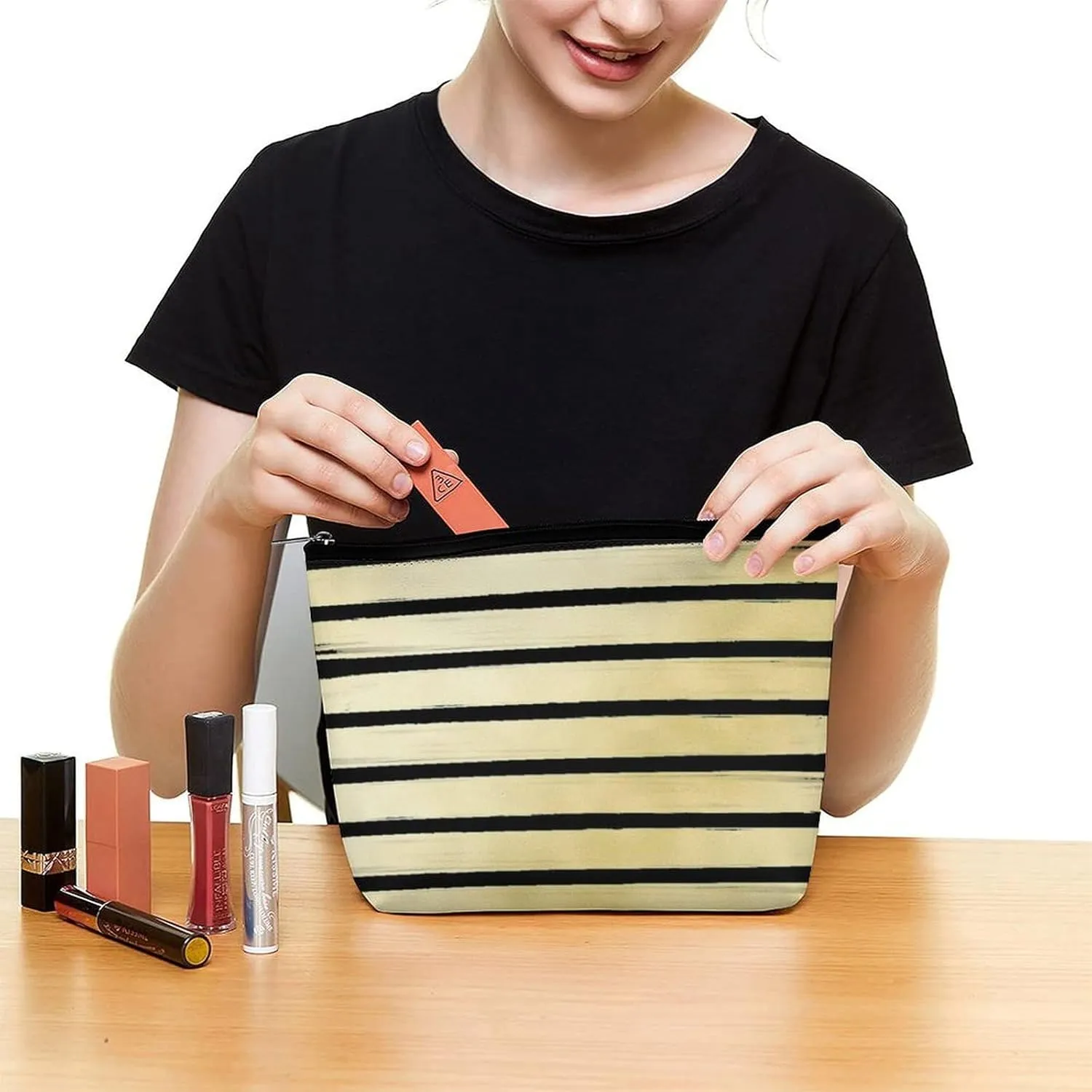 Elegant Makeup Bag, Elegant Black Gold Striped Cosmetic Bag Large Capacity Pouch Portable Organizer for Men & Women