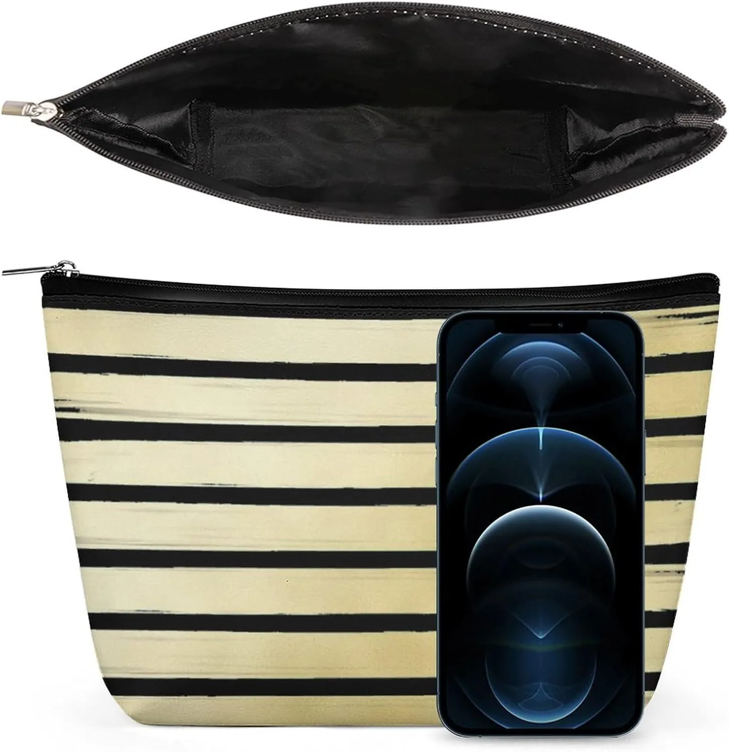 Elegant Makeup Bag, Elegant Black Gold Striped Cosmetic Bag Large Capacity Pouch Portable Organizer for Men & Women
