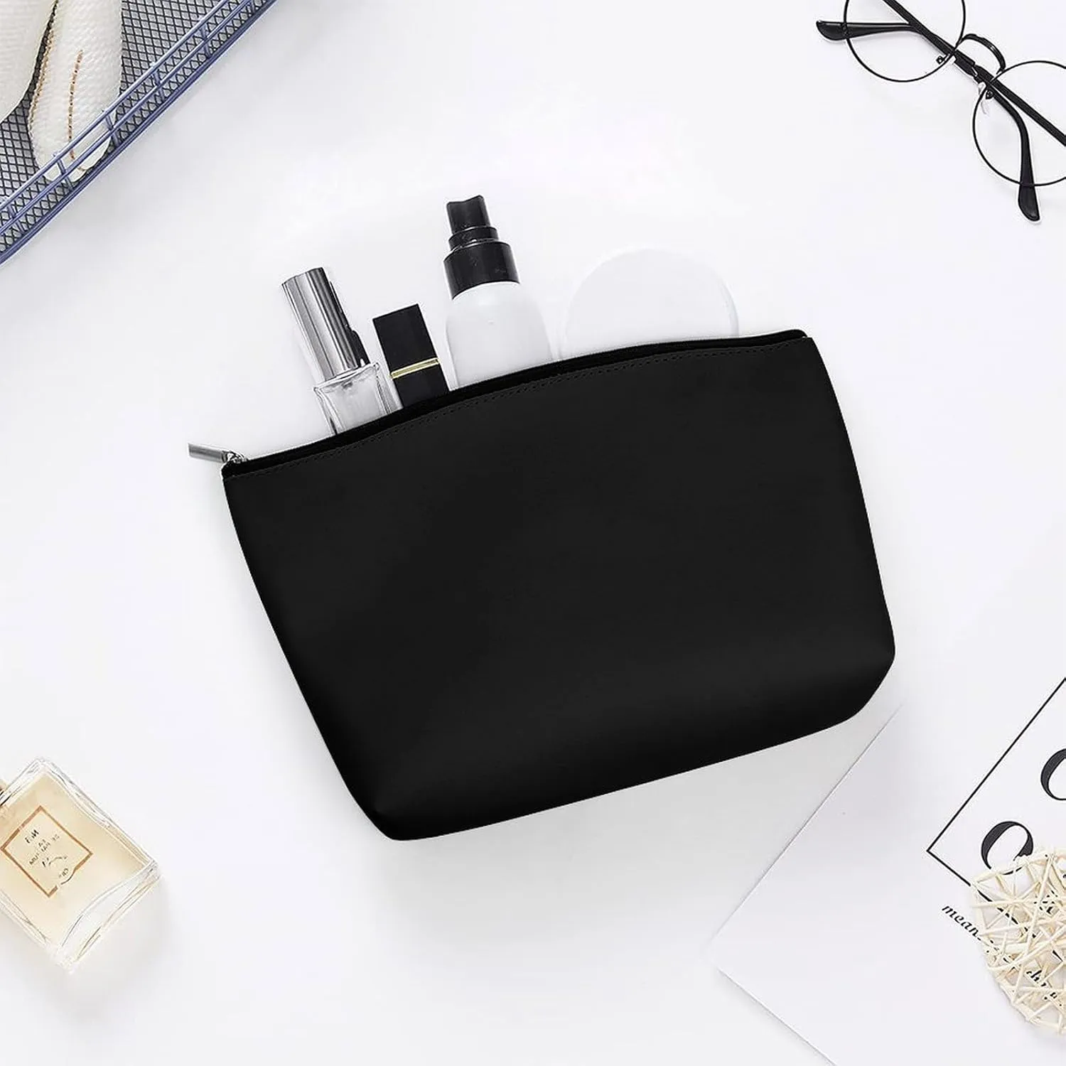 Elegant Makeup Bag, Modern Black Solid Color Cosmetic Bag Large Capacity Pouch Portable Organizer for Men & Women