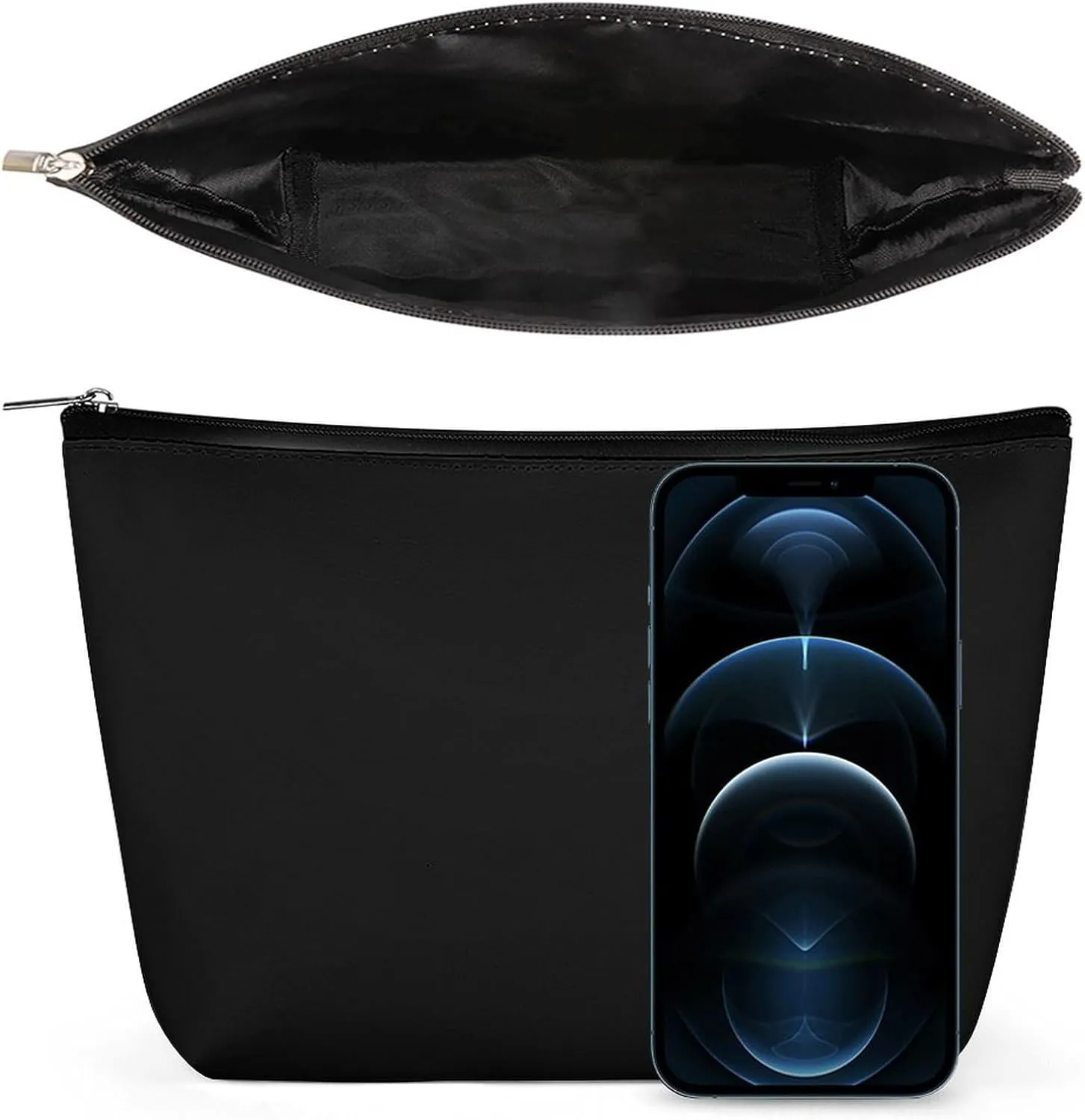 Elegant Makeup Bag, Modern Black Solid Color Cosmetic Bag Large Capacity Pouch Portable Organizer for Men & Women