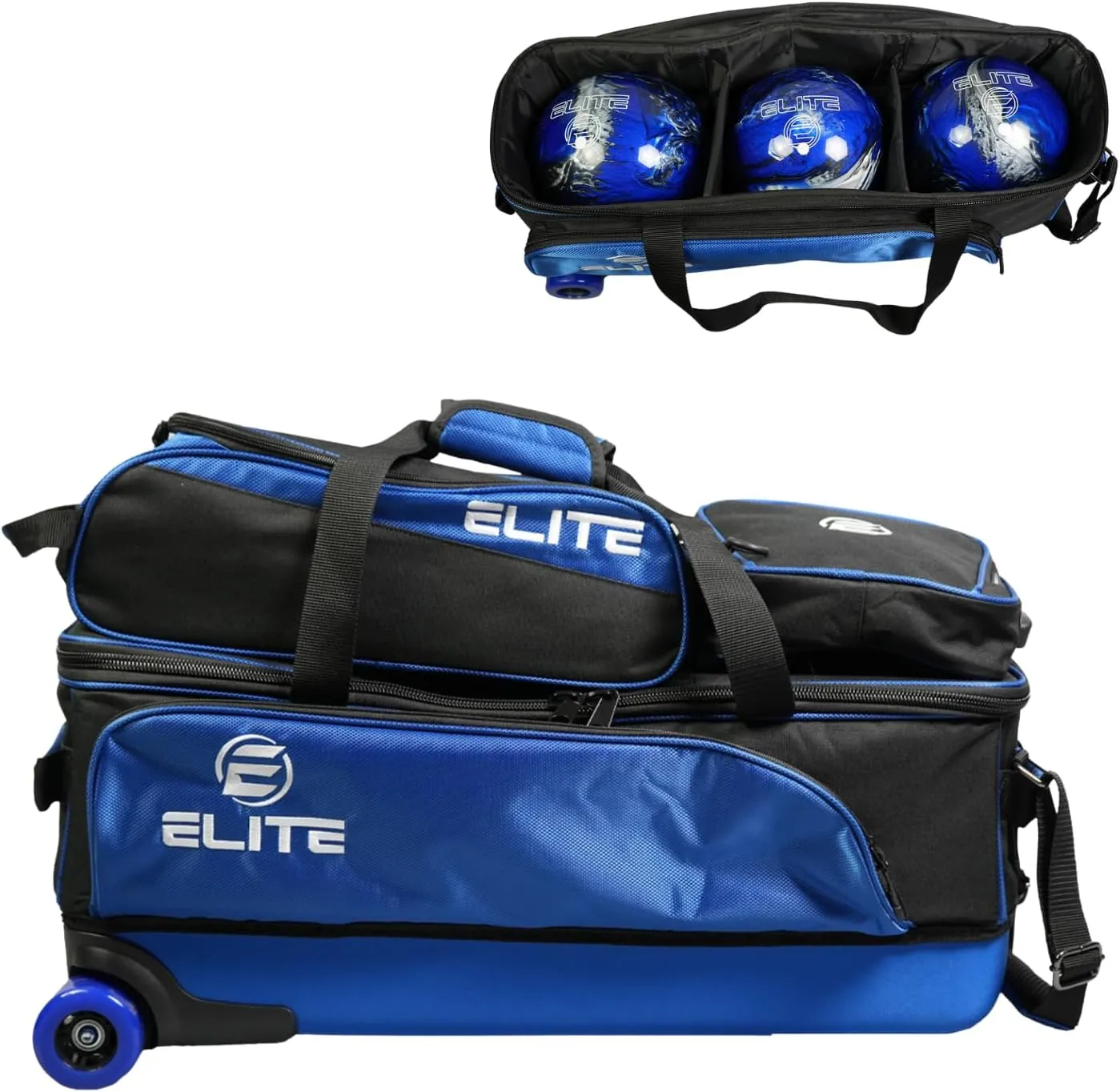 ELITE 3 Bowling Ball Slim Triple Tournament Travel Roller Tote Bag with Wheels -Removable Shoe Compartment and Accessory Pouch - USB Charging Port and Storage Pockets