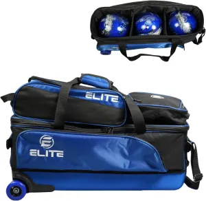 ELITE 3 Bowling Ball Slim Triple Tournament Travel Roller Tote Bag with Wheels -Removable Shoe Compartment and Accessory Pouch - USB Charging Port and Storage Pockets