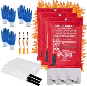 Emergency Fire Blanket 40" x 40" Fiberglass Fire Blanket Fire Suppression Blanket for Kitchen with Hooks Gloves Emergency Whistles Fireproof Blanket for Home Safety Camping (3)