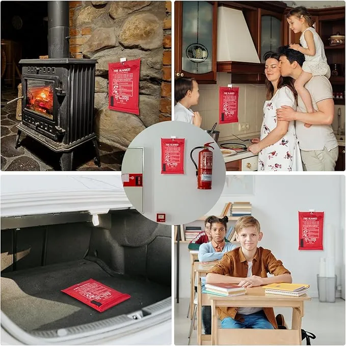 Emergency Fire Blanket 40" x 40" Fiberglass Fire Blanket Fire Suppression Blanket for Kitchen with Hooks Gloves Emergency Whistles Fireproof Blanket for Home Safety Camping (3)