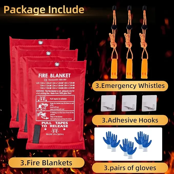 Emergency Fire Blanket 40" x 40" Fiberglass Fire Blanket Fire Suppression Blanket for Kitchen with Hooks Gloves Emergency Whistles Fireproof Blanket for Home Safety Camping (3)