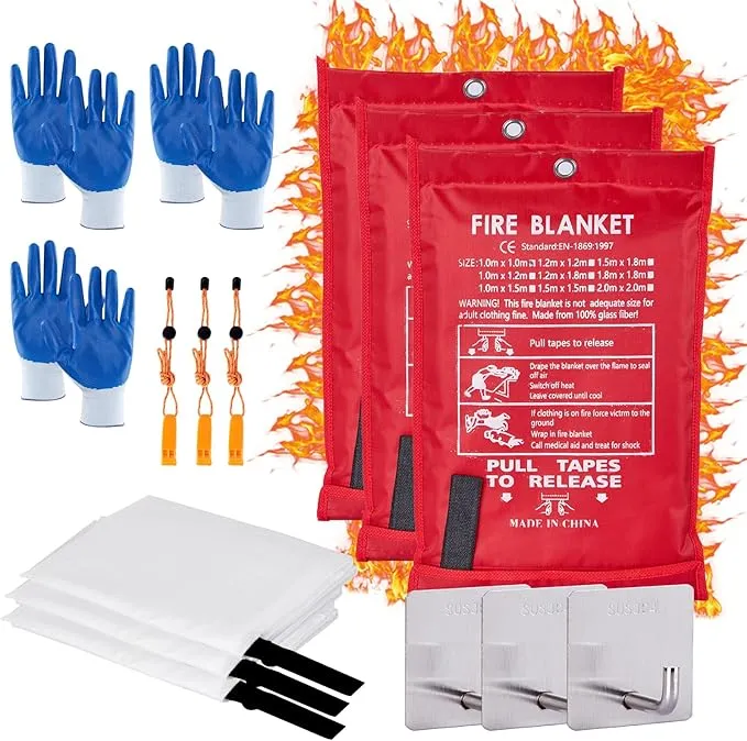 Emergency Fire Blanket 40" x 40" Fiberglass Fire Blanket Fire Suppression Blanket for Kitchen with Hooks Gloves Emergency Whistles Fireproof Blanket for Home Safety Camping (3)