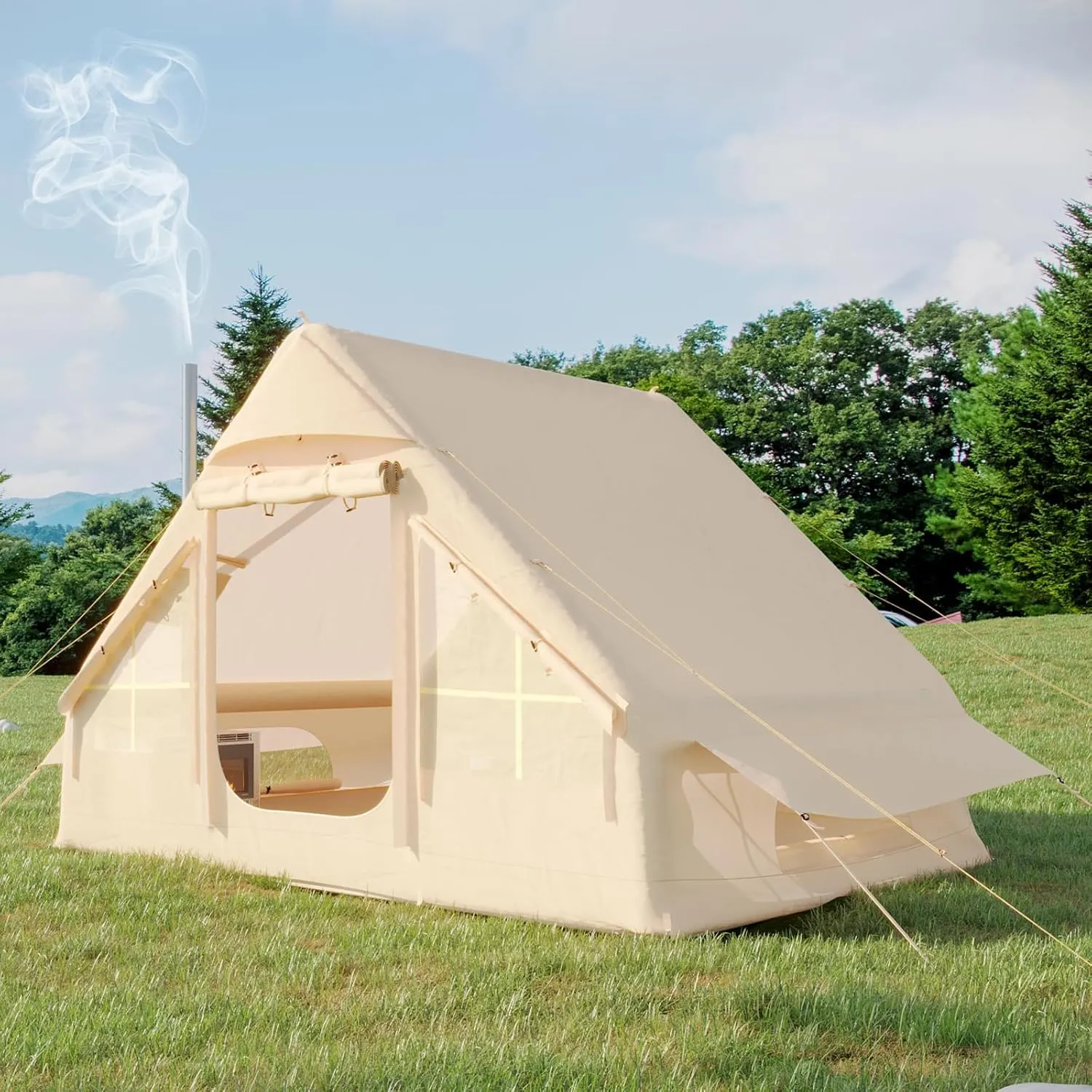 EROMMY Blow Up Camping Tent with Stove Jack, Waterproof Inflatable Tent with Hand Pump, Easy Setup 4-6 Person Cabin Tent for 4 Seasons