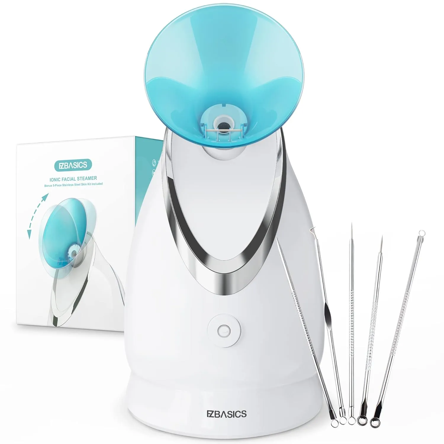 EZBASICS Facial Steamer Ionic Face Steamer for Home Facial, Warm Mist Humidifier Atomizer for Face Sauna Spa Sinuses Moisturizing, Unclogs Pores, 1 Pack   5 Stainless Steel Skin Kit Blue